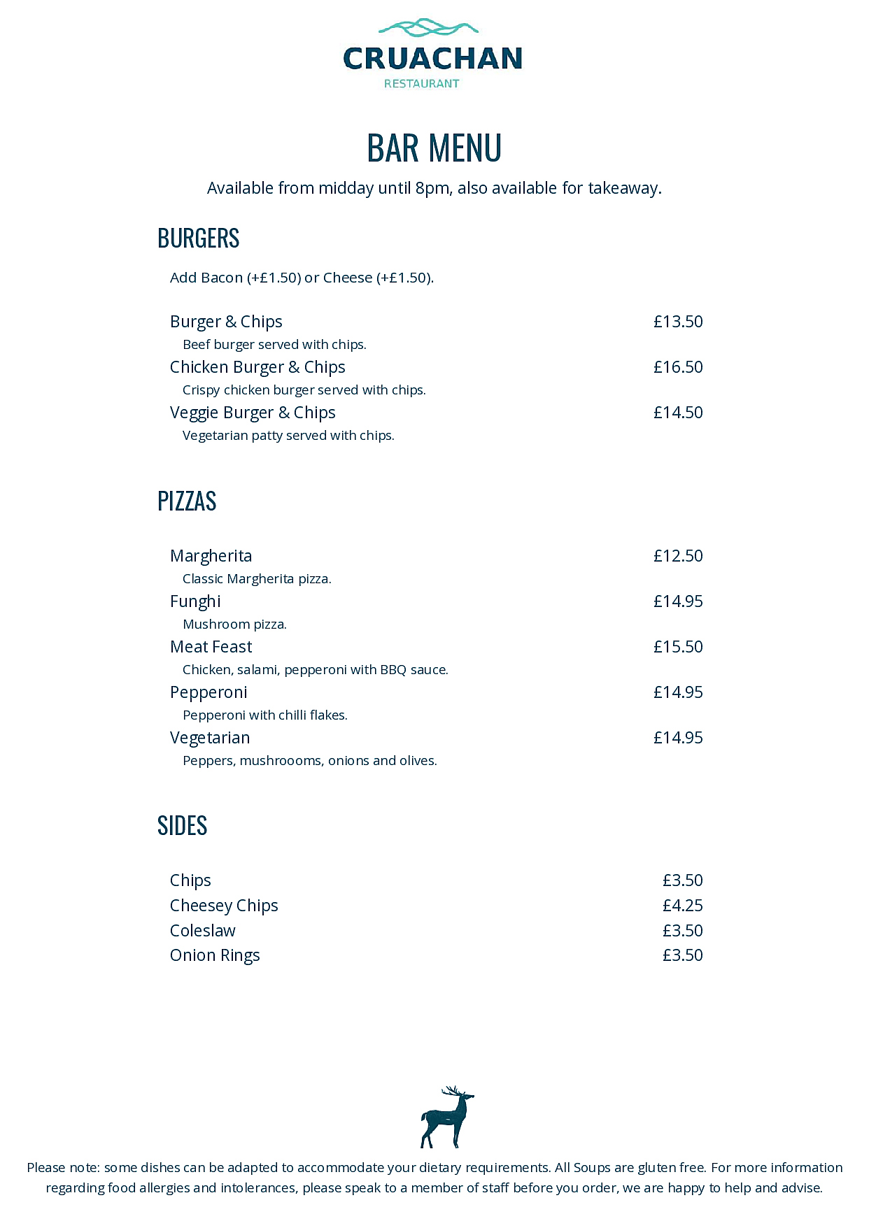Cruachan Bar Menu