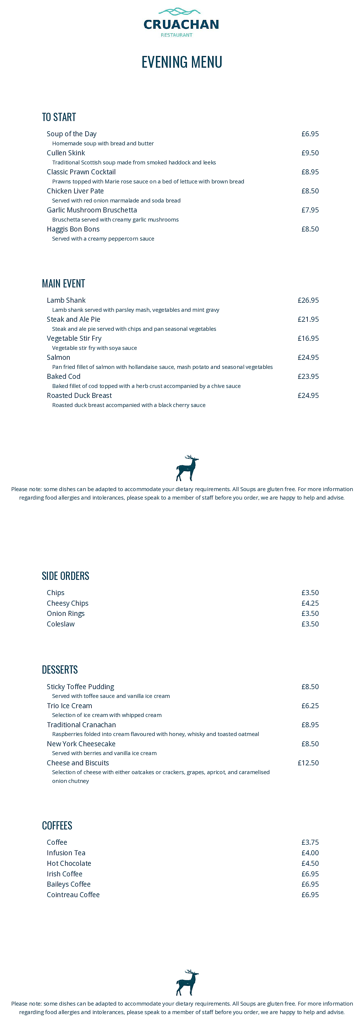 Cruachan Evening Menu